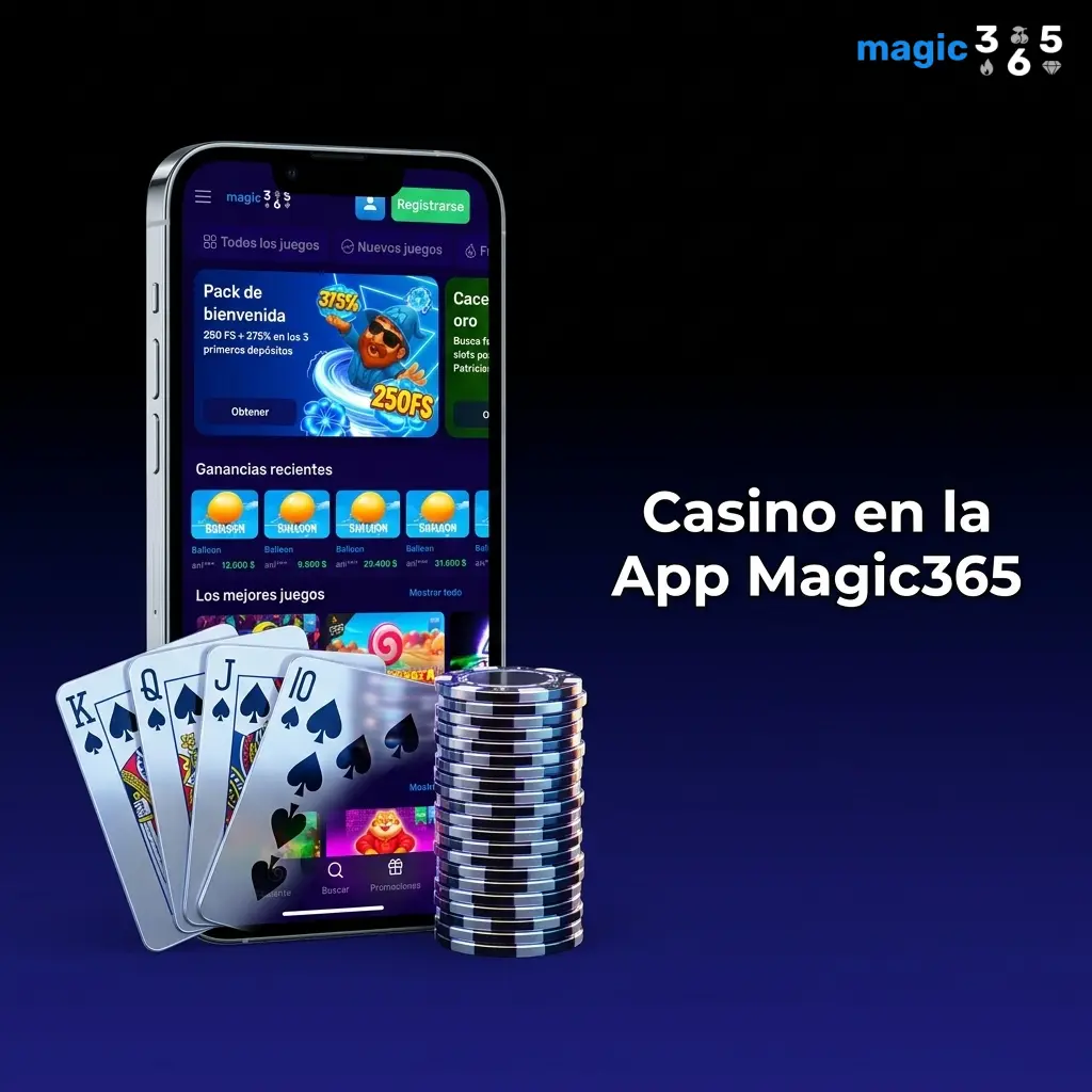 Sección de casino en la app Magic365 con slots, juegos de mesa en vivo y promociones exclusivas