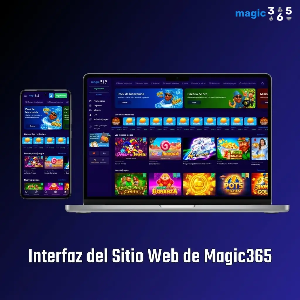 Interfaz del sitio web Magic365 con barra de navegación para deportes, casino, promociones y soporte en Argentina