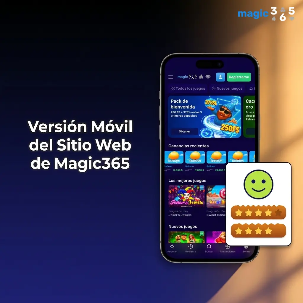 Sitio web móvil de Magic365 optimizado para smartphones y tablets con deportes, casino y pagos disponibles