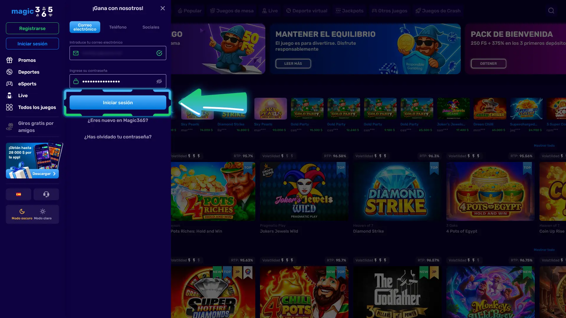 Confirmá el ingreso a tu sesión para jugar en Magic365 online.